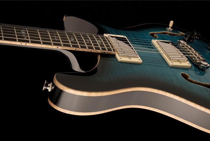Image du produit PRS SE Hollowbody II Piezo Peacock Blue Burst (Guitare électrique, acajou, Ebony, Top en érable ondé avec facette en érable flammé, Dos en érable ondé avec facette en érable flammé)