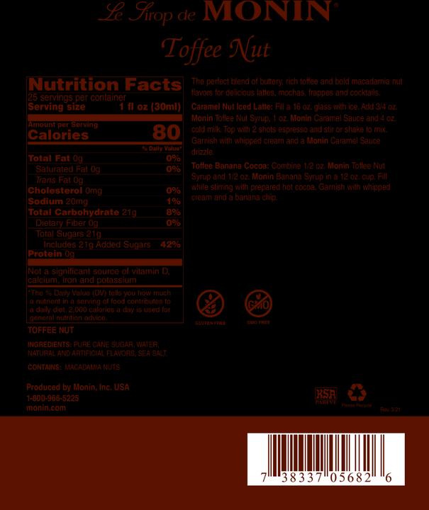 Nährwerte und Zutaten Monin Toffee Nut (1 x 70 cl)