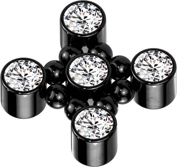 Star Piercing Dermal Anchor schwarz Quadratisch acht Kugeln fünf Kristalle silber (Titan G23, ohne Messing)
