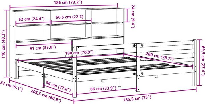 Produktbild VidaXL Massivholzbett Holzbett Bett mit Regal ohne Matratze Weiss 180x200cm (180 x 200 cm)