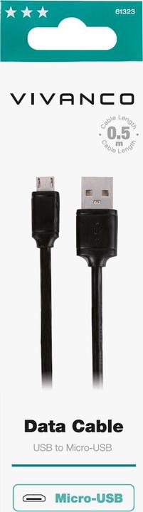 Produktbild Vivanco Micro USB Kabel, USB-A Stecker <> Micro USB St., max. 18W, schwarz, 0,50m (0.50 m, USB 2.0)