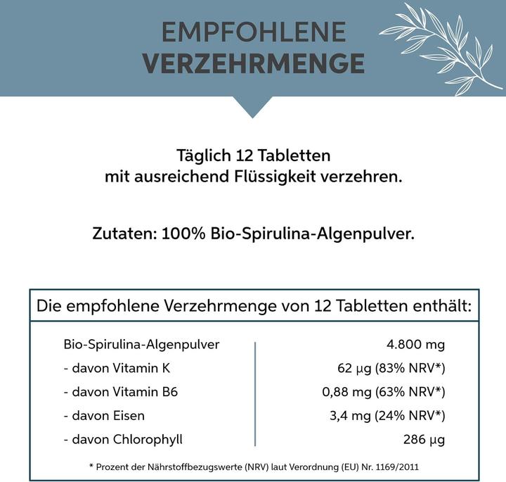 Valori nutrizionali e ingredienti Eltabia Compresse di spirulina organica | Qualità premium di cibo crudo (500 Pezzo/i, Pillole)
