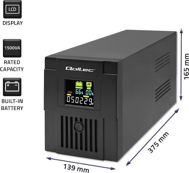Actual product image Qoltec Zasilacz awaryjny UPS | Monolith | 1500VA | 900W | LCD | USB (1500 VA, 900 W, Line-interactive UPS)