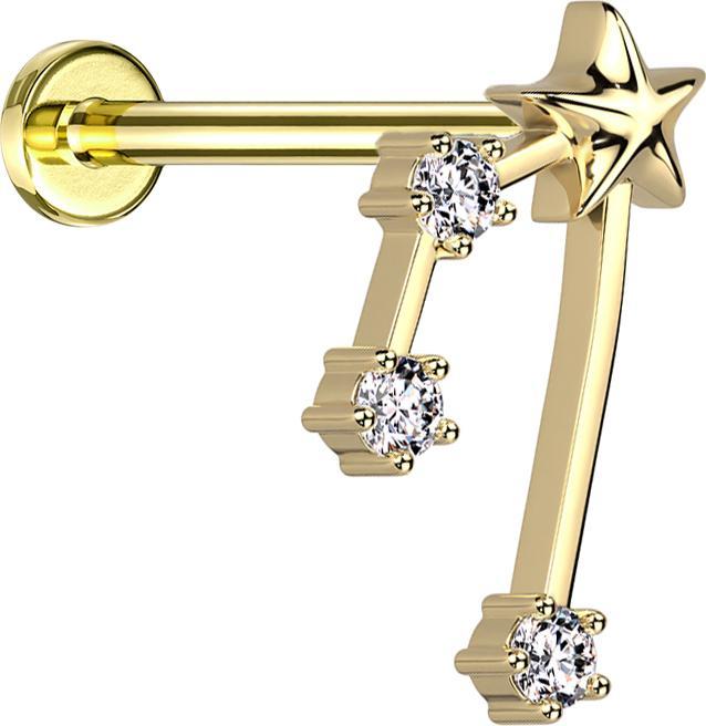 Produktbild Star Piercing Micro Labret Innengewinde vergoldet Sternzeichen Stier mit Kristallen (Chirurgenstahl 316L, Messing)