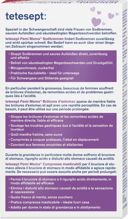 Valeurs nutritives et ingrédients Tetesept Femi Mama Aigreurs d'estomac Comprimés à mâcher (10 pièce(s), 10 ml, 33 g)