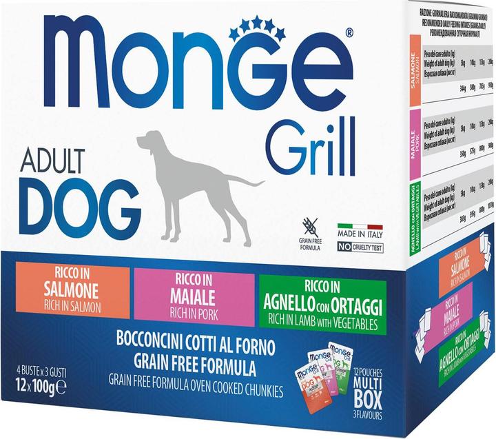 Immagine prodotto Monge Grill Dog Salmone, Maiale, Agnello 12x100g (Adulto, 12 pz., 1200 g)