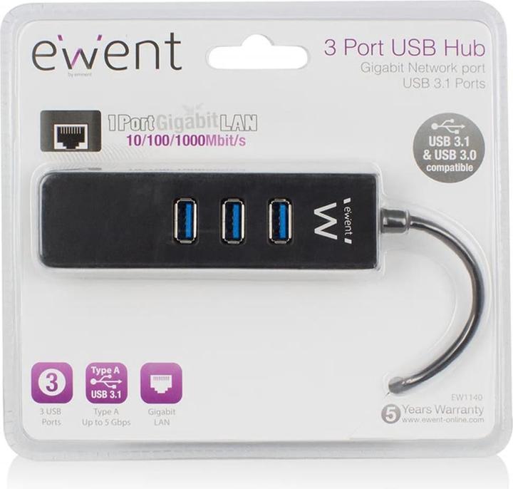 Actual product image Ewent 3-port USB 3.1 hub with Gigabit networking (USB-C, 3 Ports)