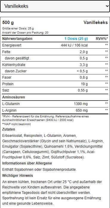 Nutritional values and ingredients Biotech USA VEGAN PROTEIN #vainilla-cookies 500 gr (Vanilla and biscuit, 1 pcs., 500 g)