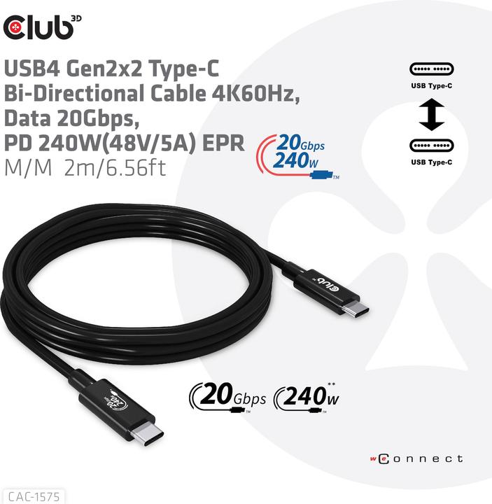 Produktbild Club 3D USB C – USB C (2 m, USB 4.0, 240 W)