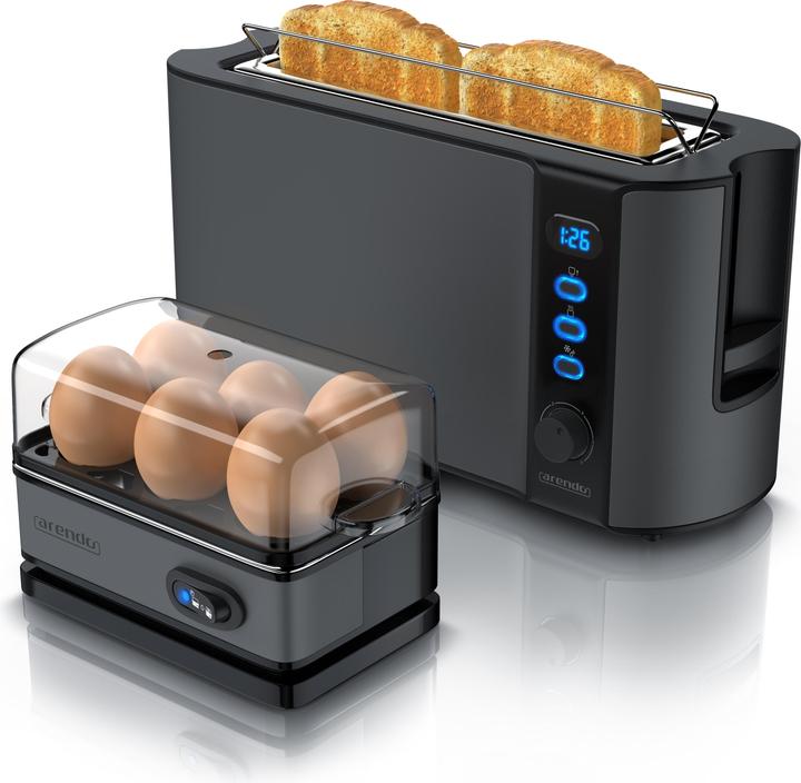 Produktbild Arendo Frühstücks Set, 2-Scheiben Langschlitz Toaster mit Brötchenaufsatz & Eierkocher für 6 Eier, Grau (EU-Stecker)