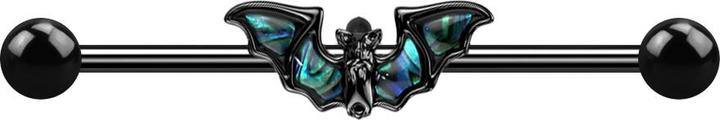 Hollywood Body Jewelry Barbell schwarz mit zwei Kugeln und Fledermaus mit Abalone (ohne Messing, Chirurgenstahl 316L)