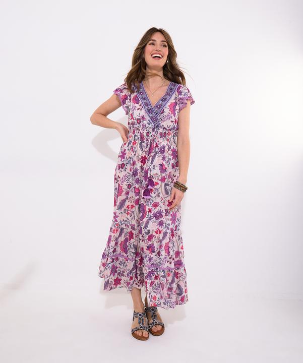 Actual product image Joe Browns Border Print Floral Shirred Waist V-Neck Tassel Dress
