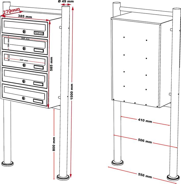 Produktbild Wiltec 5er Briefkastenanlage Anthrazit 270x513x1500mm Standbriefkasten Post
