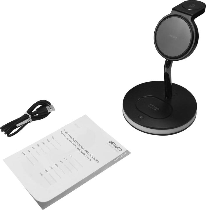 Deltaco 3-in-1 magnetinis belaidis įkroviklis, telefonas/TWS/laikrodis, LED lemputė / QI-1041 (18 W)