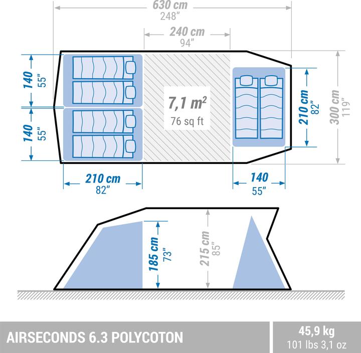Image du produit Quechua Airseconds 6.3 Polycoton (Tente gonflable, 46 kg, 6 personnes)