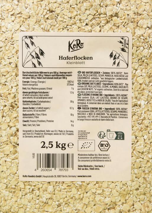 Nährwerte und Zutaten KoRo Haferflocken (2500 g)