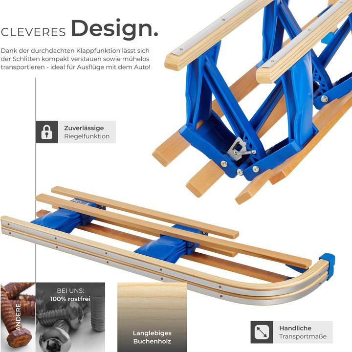 Produktbild tectake Holzschlitten Jeffrey, klappbar mit Zugseil, Schneeballzange