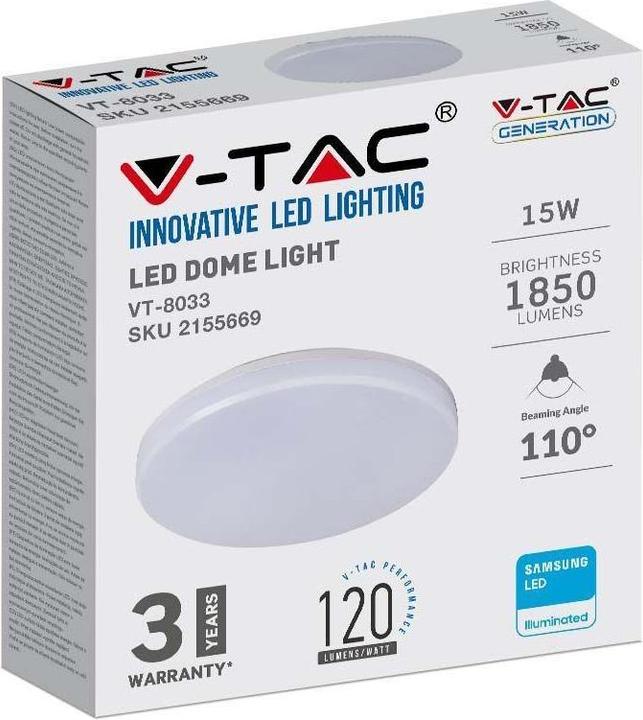 Productafbeelding V-TAC VT8033 15W LED Plafondlamp SAMSUNG Chip Frameless Rond 4000K IP44 120lmW (1850 lm)