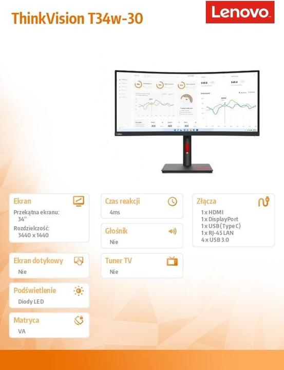 Image du produit Lenovo ThinkVision T34w-30 (3440 x 1440 pixels, 34")