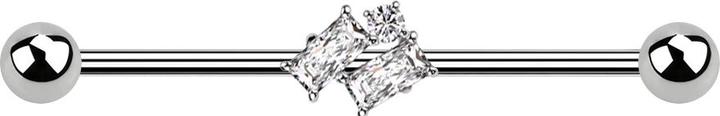 Star Piercing Barbell silber mit zwei Kugeln silber zwei Baquett Kristalle silber und runder Kristall silber (Chirurgenstahl 316L, Messing)