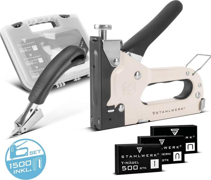 Produktbild Stahlwerk Handtacker Set mit Tacker Klammerentferner + 1500 Klammern und Nägel