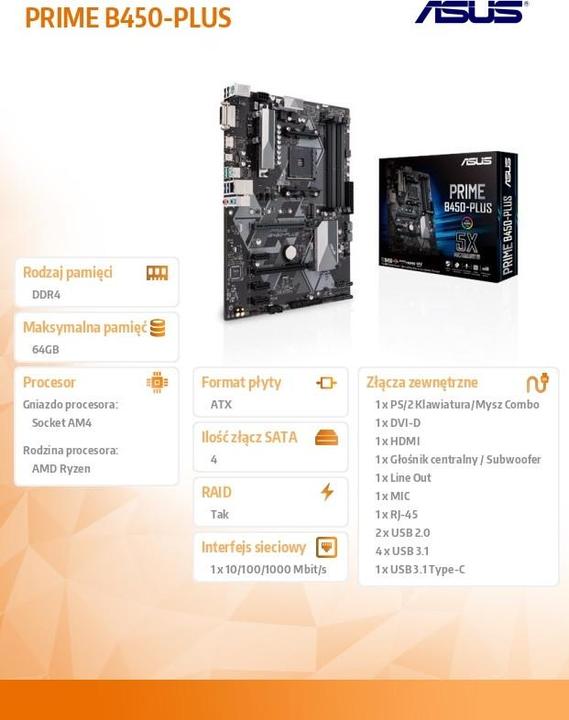Produktbild ASUS Prime B450-Plus (AM4, AMD B450, ATX)