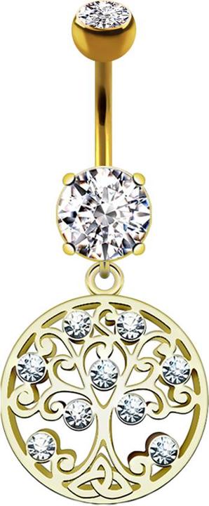 Star Piercing Banane 14k vergoldet mit zwei Kugeln Kristall silber Anhänger rund Lebendbaum (Messing, Chirurgenstahl 316L)