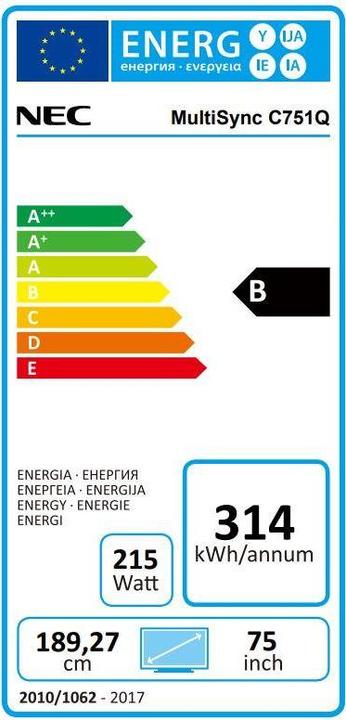 Energielabel NEC C751Q SST 75 IN CONTACT (3840 x 2160 Pixels, 75")