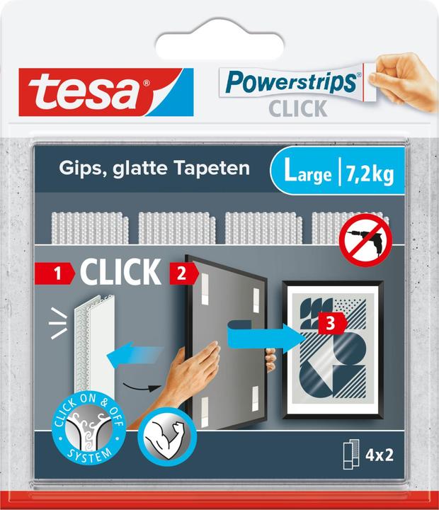 Produktbild tesa Powerstrips CLICK - Klett-Klebepads - Bilder aufhängen ohne Bohren - Large 7,2kg - 4 x 2 Stück (7.20 kg)