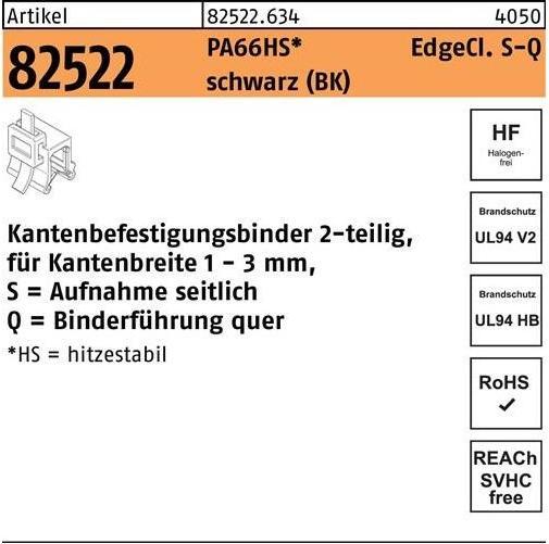 Actual product image HellermannTyton Fixing tie R 82522 w.Edgeclip 4.6 x 200/45 PA66HS black lateral-transverse (Fixing loops, 200 mm, 500 pcs.)