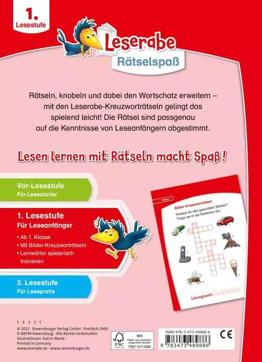 Produktbild Ravensburger Leserabe Rätselspass - Kreuzworträtsel zum Lesenlernen - 1. Lesestufe (Deutsch, Katrin Merle, Martine Richter, Heribert Schulmeyer, 2022)