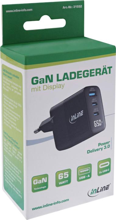 Produktbild InLine USB PD Netzteil, GaN Ladegerät, 3-Port, USB-C + USB-A, 65W, mit Display, schwarz (65 W)