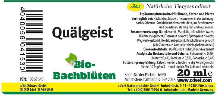 Produktbild cdVet Hunde-Nahrungsergänzung Bio-Bachblüten, Quälgeist, 20 ml (Junior, Senior, Adult, 1 Stk., 60 g)