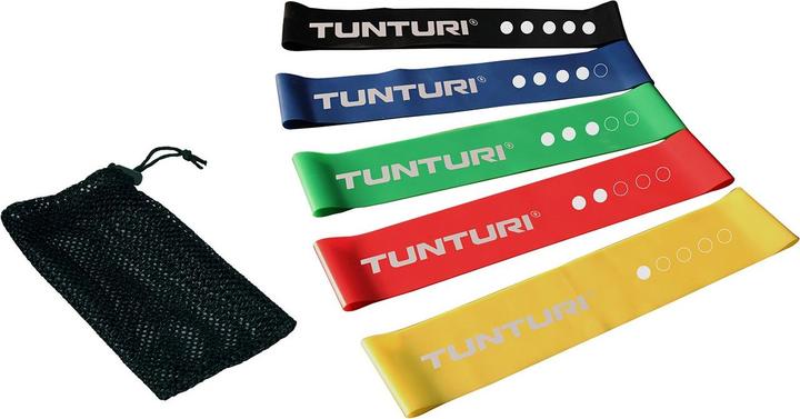 Image du produit Tunturi Mini Resistance Band Set 5 Stück - 5 Gummi Gymnastikbänder mit Netztasche (0.50 m, Extra Léger, Léger, Moyen, Fort, Extra fort)