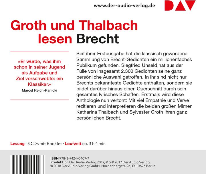 Produktbild 100 Gedichte. Ausgewählt von Siegfried Unseld (Bertolt Brecht, Katharina Thalbach, Sylvester Groth, Deutsch)