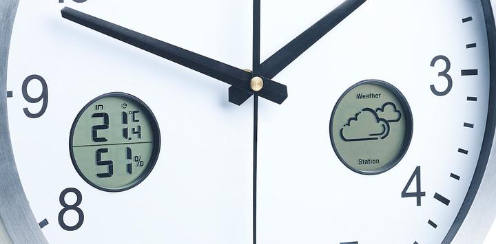 Produktbild St. Leonhard Funk-Wanduhr mit digitaler Wetterstation und Funk-Aussensensor (30 cm)