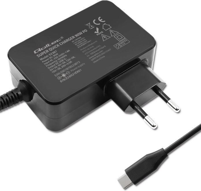 Actual product image Qoltec Ładowarka GaN POWER PRO | 1xUSB-C | 90W | 5-20V | 3-4.5A | Czarna (90 W)