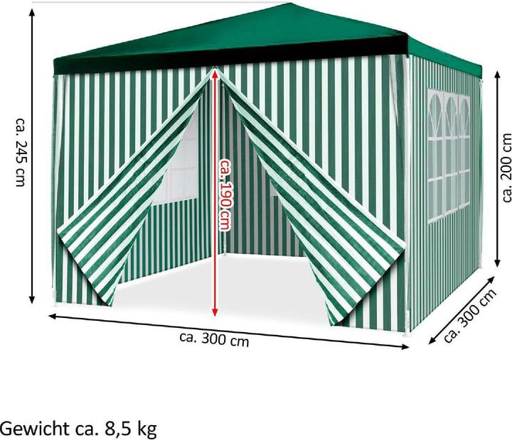 Produktbild VCM Pavillon Partyzelt 3x3m grün weiss wasserdicht 4 Seitenteile Gartenzelt Eventzelt (300 cm, 300 cm)