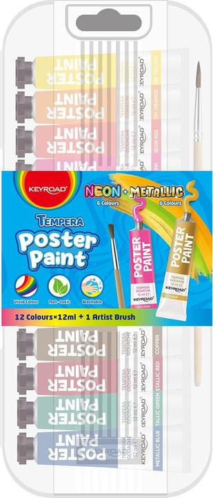 Produktbild Keyroad Plakatfarben, 12x12ml, Pinsel gratis, Mix aus Metallic- und Neonfarben (Mischung aus Metallic- und Neonfarben, 12 ml)