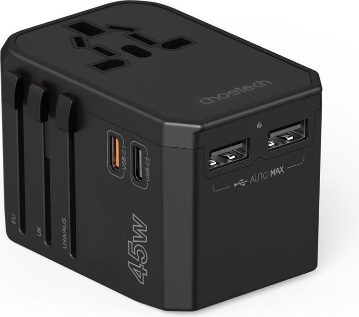 Choetech PD6045 USB-C USB-A 45W GaN Reisoplader met US EU UK AU Stekkers - Zwart (45 W)