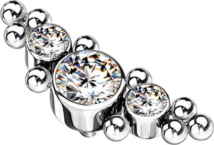 Star Piercing Dermal Anchor silber mittig mit Kugeln und drei Kristallen silber (ohne Messing, Titan G23)