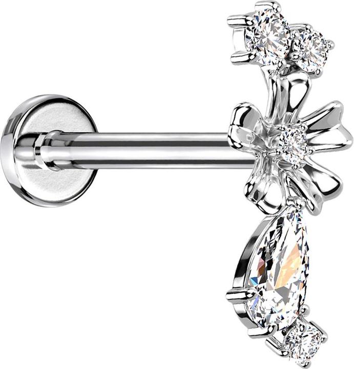 Star Piercing Micro Labret Innengewinde silber Blume vier Kristalle und Kristalltopfen silber (Messing, Chirurgenstahl 316L)