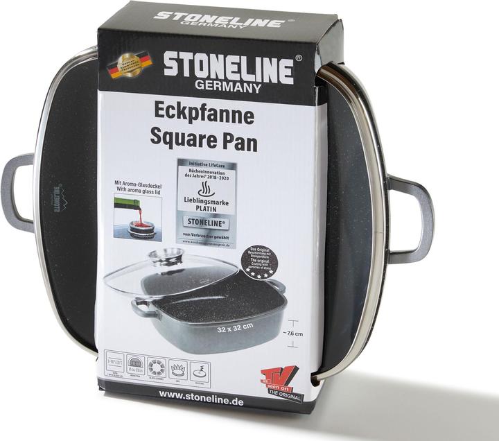 Produktbild Stoneline Eckpfanne 32x32 cm mit Aroma Glasdeckel, Pfanne rechteckig, Backofen, Induktion geeignet (32 cm, Pfannenset + Topfset, Aluminium)