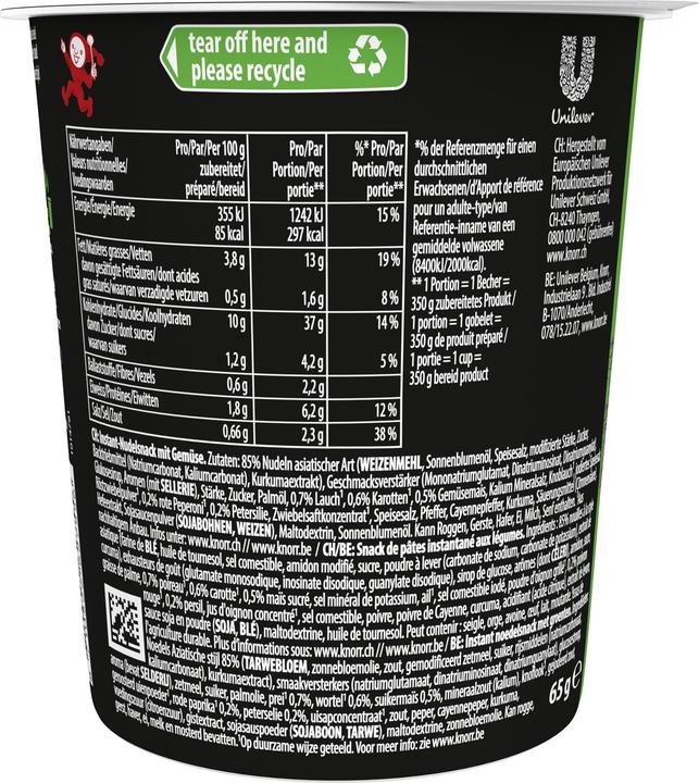 Nährwerte und Zutaten Knorr Asia Noodles Vegetable Becher Instant Nudeln Asiatisch Snack Gemüsegeschmack in 3 Minuten zubereitet (79 g)