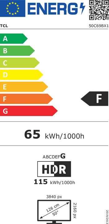 Energy Label TCL 50C69B Ultra HD HDR QLED TV 50 (126 cm) (50", QLED, 4K, 2024)