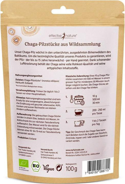 Nährwerte und Zutaten Effective Nature Bio Chaga Pilz aus Wildsammlung (100 g)