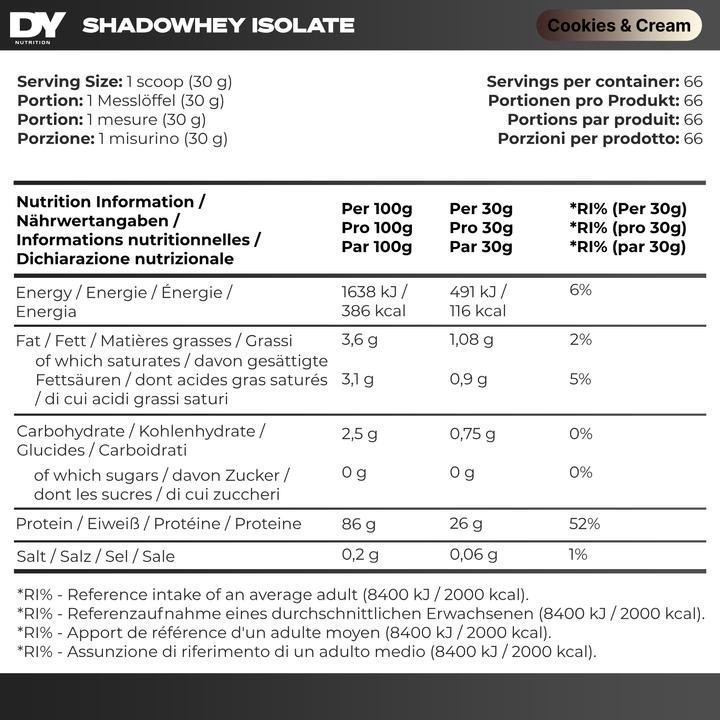 Nutritional values and ingredients DY Nutrition Shadowhey Isolate (Cookies & Cream, 1 pcs., 2400 g)