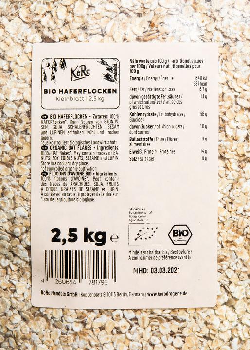 Nährwerte und Zutaten KoRo Haferflocken (2500 g)