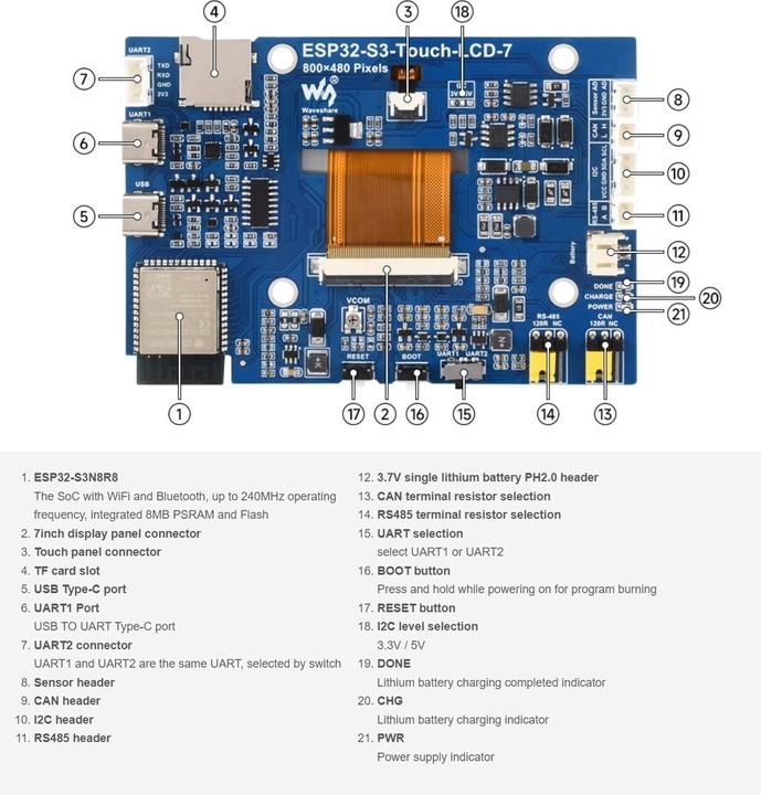 Produktbild WaveShare ESP32-S3 7inch Capacitive Touch Display Development Board 800x480