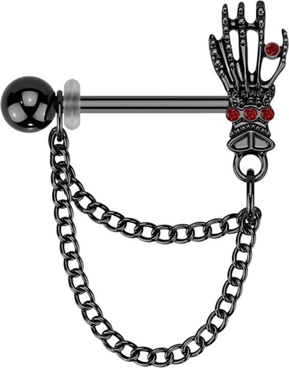 Star Piercing Barbell schwarz mit Kugel und Skeletthand Kristalle rot Anhänger zwei Ketten rechts (Chirurgenstahl 316L, Messing)